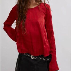 NWT Free People Arabella Open Tie Back Shirred Ruby Red Blouse Size Medium